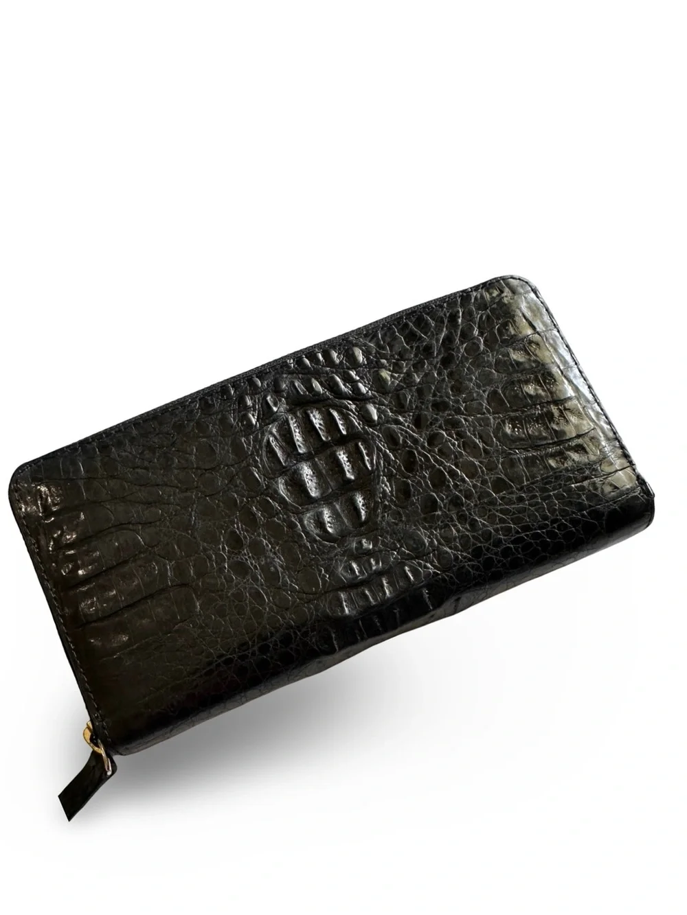 Black Leather Croc-Embossed Zip Around Wallet